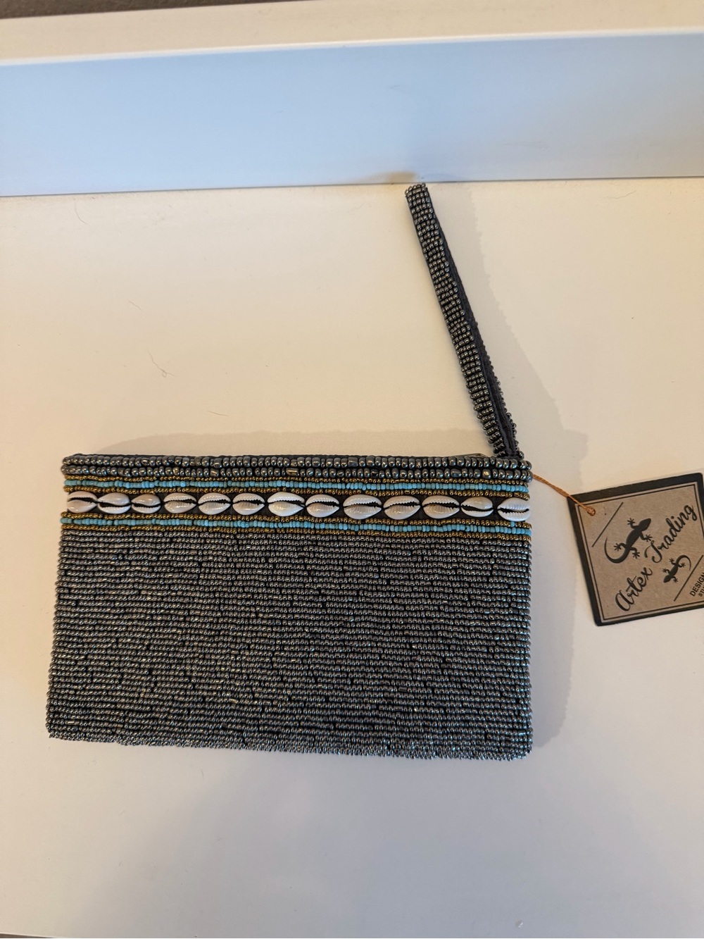 Artex Trading Beaded Cowrie Shell Wristlet Clutch Bag‎ Charcoal Turquoise Boho